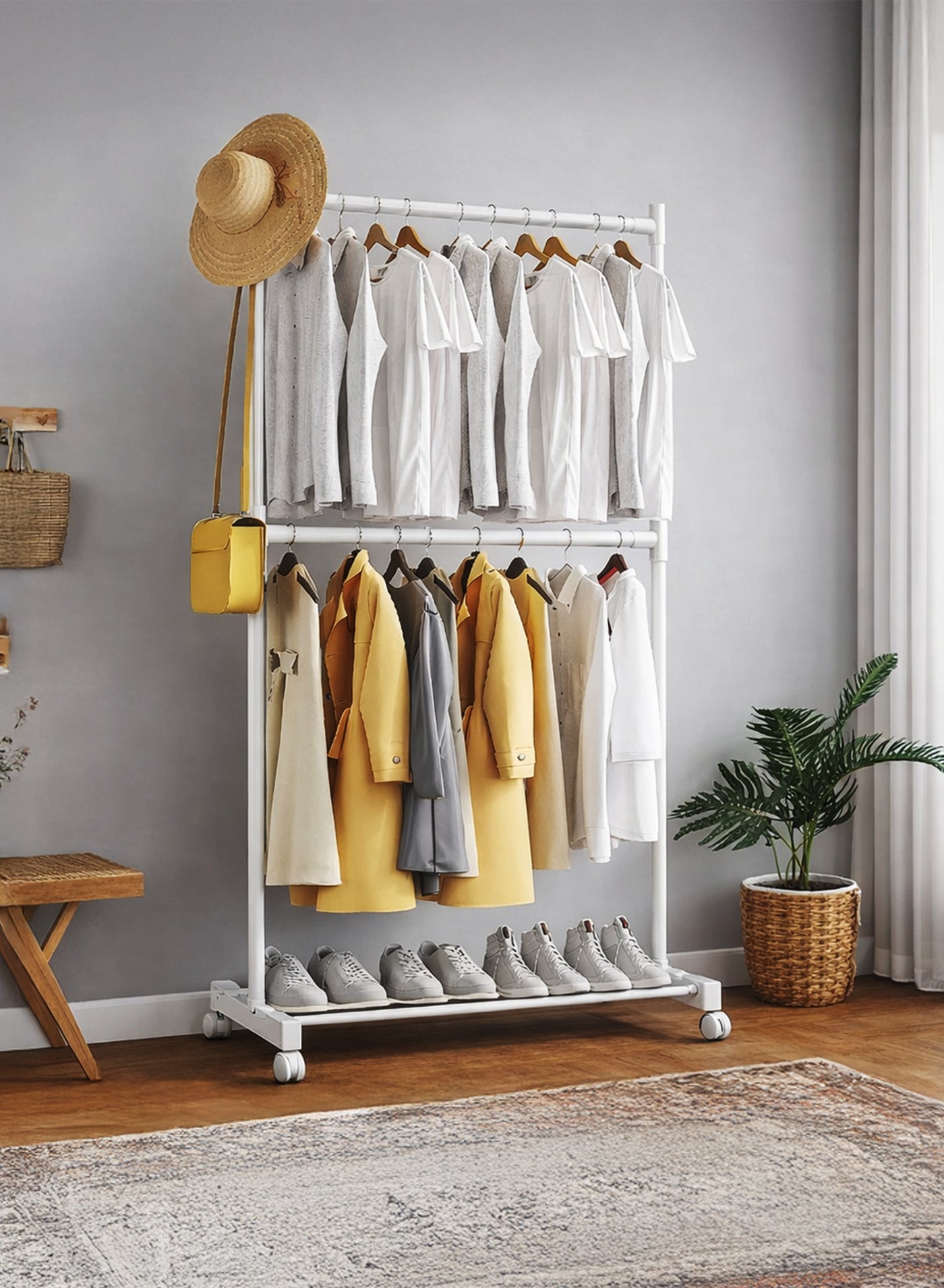 Double Rod Clothing Rack Convertible Dual Layer Clothes Drying Stand Garment Organizer Open Armoire with 2 Tier Hanger Rails and Bottom Storage Shelf, Strong 22mm Steel Pipes, 40kg Load Large Capacity Featuring Two Horizontal Bars for Hanging Clothes, Laundry Room, Balcony, Bedroom Sheets, Quilts, Blanket, Coats, Skirts, Shirts, Hats, Sweaters Holder 76x42x180cm